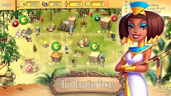 Fate of the Pharaoh, aldea egipcia en construcción junto al río con un personaje en primer plano