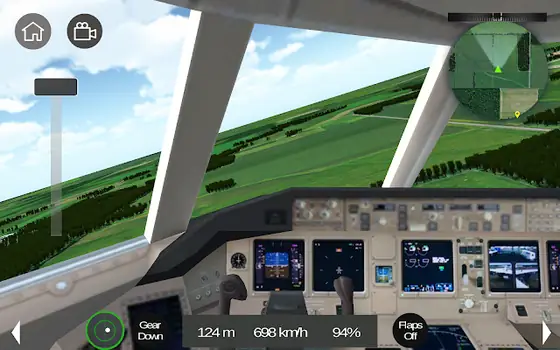Flight Sim, vista de cabina con los mandos iluminados y un paisaje verde al frente