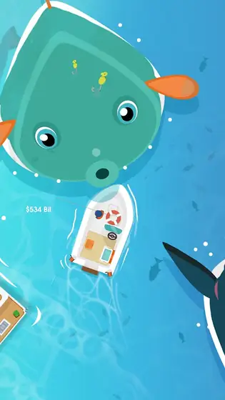 Hooked Inc: Fishing Games, un pez verde de gran tamaño bajo la barca del jugador