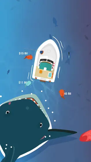 Hooked Inc: Fishing Games, una barca sobre el agua junto a una ballena azul de estilo caricatura