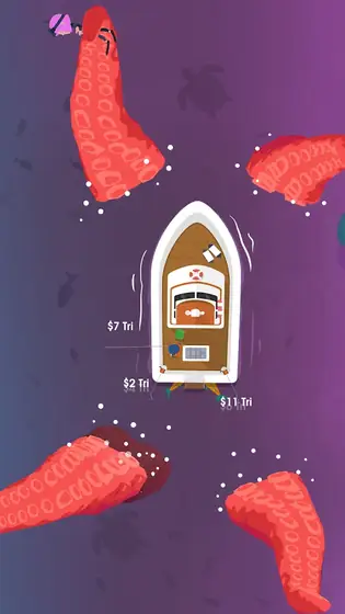Hooked Inc: Fishing Games, varias siluetas de peces rodeando la barca en aguas rojizas