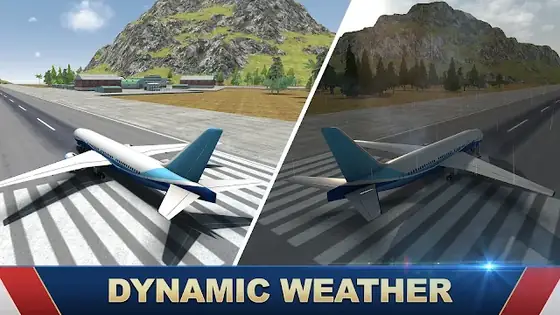 Jumbo Jet Flight Simulator, dos aviones en la pista bajo el rótulo de meteorología dinámica