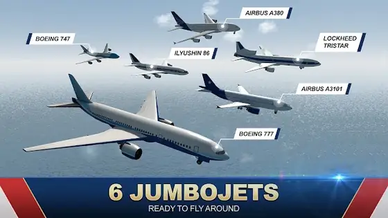 Jumbo Jet Flight Simulator, seis modelos de avión de pasajeros identificados sobre un cielo despejado