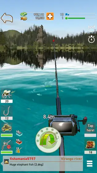 The Fishing Club 3D: Game on!, caña lanzada en un lago rodeado de bosque con el panel de estado en pantalla